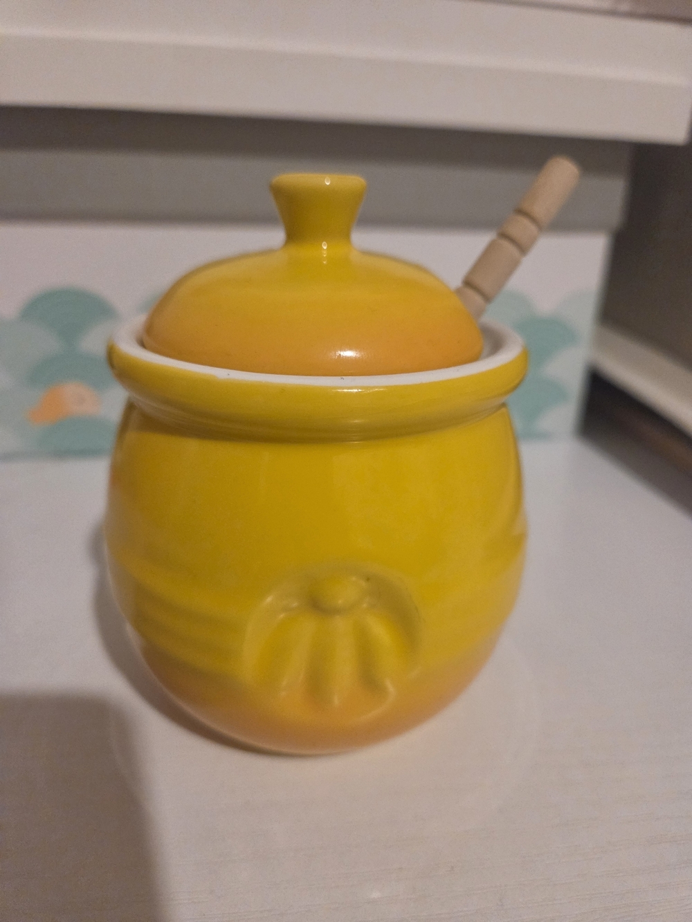 Creative Co-Op Bright Yellow Ceramic Jar with Wood Dipper
